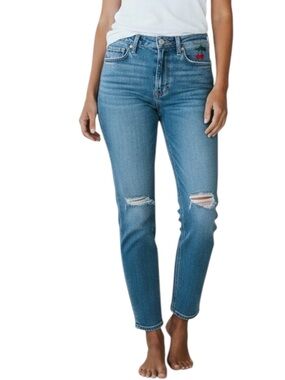 LEVI'S 501 High-Rise Distressed Straight-Leg Jeans Size 10 -- EMBROIDERED CHERRY